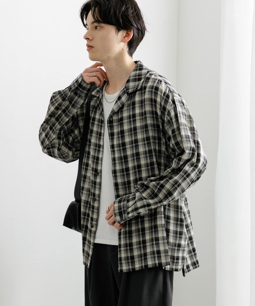 SENSE OF PLACE by URBAN RESEARCH（センスオブプレイスバイアーバンリサーチ）の「『ユニセックス』シアーチェックオープンカラーロングスリーブシャツ（シャツ/ブラウス・メンズ・ベージュ/ブラック/ブルー・MEDIUM/LARGE）」の13枚目の写真