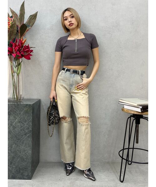 EVRIS（エヴリス）の「ダメージワイドヴィンテージライクデニムパンツ（デニムパンツ・レディース・ベージュ/ブラック・MEDIUM/SMALL）」の21枚目の写真