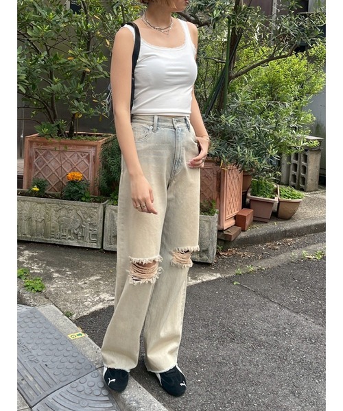 EVRIS（エヴリス）の「ダメージワイドヴィンテージライクデニムパンツ（デニムパンツ・レディース・ベージュ/ブラック・MEDIUM/SMALL）」の5枚目の写真