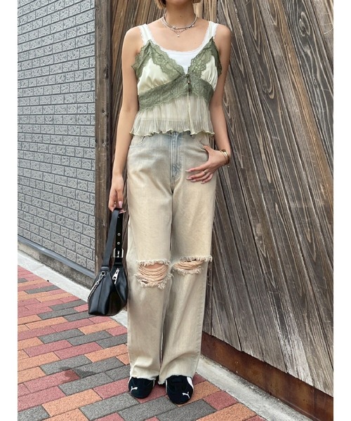 EVRIS（エヴリス）の「ダメージワイドヴィンテージライクデニムパンツ（デニムパンツ・レディース・ベージュ/ブラック・MEDIUM/SMALL）」の7枚目の写真