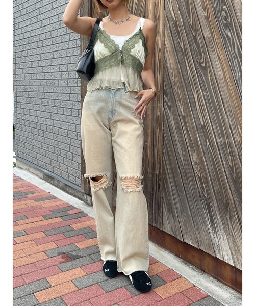 EVRIS（エヴリス）の「ダメージワイドヴィンテージライクデニムパンツ（デニムパンツ・レディース・ベージュ/ブラック・MEDIUM/SMALL）」の8枚目の写真