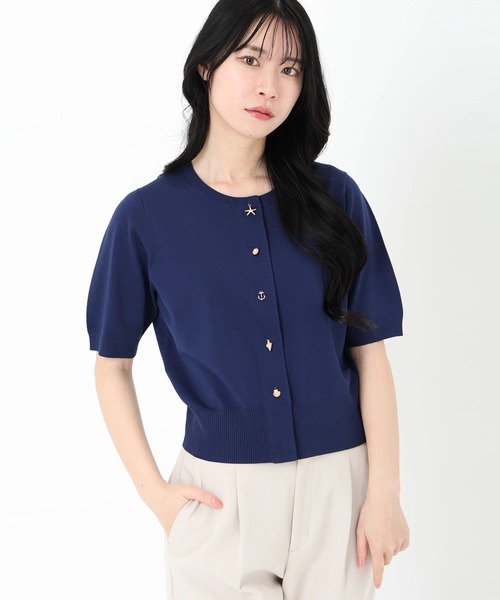 STRAWBERRY-FIELDS（ストロベリーフィールズ）の「マリンモチーフ半袖カーディガン（ニット/セーター・レディース・ネイビー/ホワイト×ネイビー/オレンジ・2）」の2枚目の写真