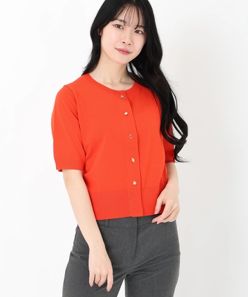 STRAWBERRY-FIELDS（ストロベリーフィールズ）の「マリンモチーフ半袖カーディガン（ニット/セーター・レディース・ネイビー/ホワイト×ネイビー/オレンジ・2）」の5枚目の写真