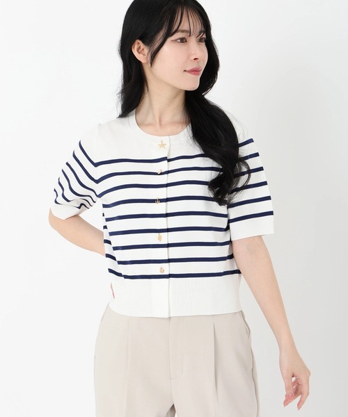 316★美品★SEVEN TEN マリンモチーフ　半袖カーディガン　綿　白　M 316 美品 SEVEN TEN マリンモチーフ 半袖カーディガン 刺繍 金