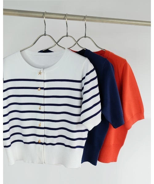 STRAWBERRY-FIELDS（ストロベリーフィールズ）の「マリンモチーフ半袖カーディガン（ニット/セーター・レディース・ネイビー/ホワイト×ネイビー/オレンジ・2）」の13枚目の写真