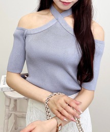 バックリボンホルター半袖ニット