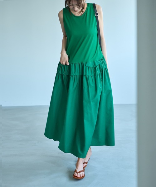 STYLE DELI（スタイルデリ）の「【Made in JAPAN】生地コンビボリュームスカートワンピース（ワンピース・レディース・ネイビー/グリーン・1/2）」の2枚目の写真