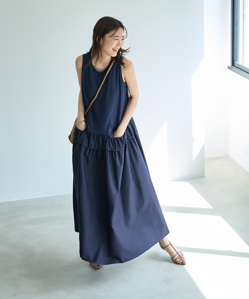 STYLE DELI（スタイルデリ）の「【Made in JAPAN】生地コンビボリュームスカートワンピース（ワンピース・レディース・ネイビー/グリーン・1/2）」の3枚目の写真