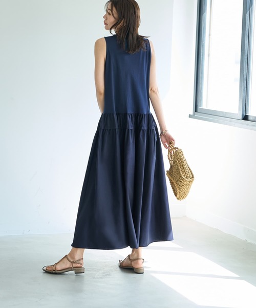 STYLE DELI（スタイルデリ）の「【Made in JAPAN】生地コンビボリュームスカートワンピース（ワンピース・レディース・ネイビー/グリーン・1/2）」の5枚目の写真