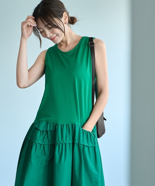 STYLE DELI（スタイルデリ）の「【Made in JAPAN】生地コンビボリュームスカートワンピース（ワンピース・レディース・ネイビー/グリーン・1/2）」の8枚目の写真