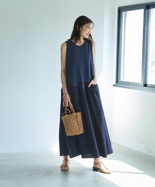 STYLE DELI（スタイルデリ）の「【Made in JAPAN】生地コンビボリュームスカートワンピース（ワンピース・レディース・ネイビー/グリーン・1/2）」の12枚目の写真