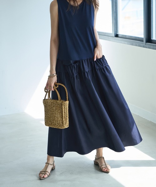 STYLE DELI(スタイルデリ)の「【Made in JAPAN】生地コンビボリュームスカートワンピース(ワンピース・レディース・ネイビー/グリーン・1/2)」の15枚目の写真