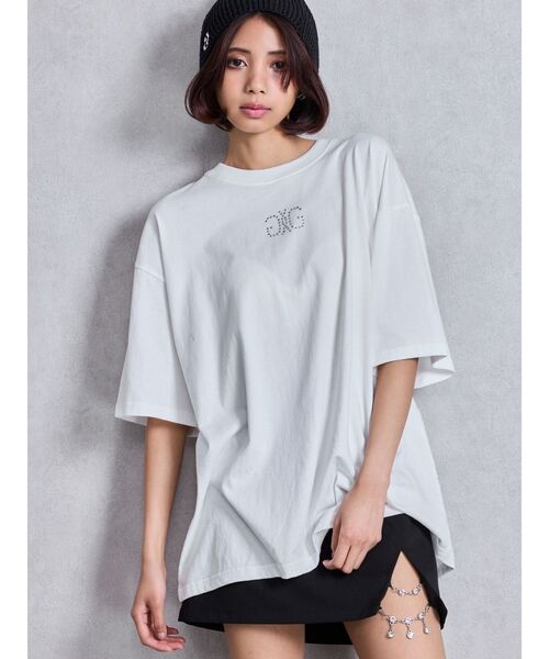 GYDA（ジェイダ）の「BACK GYDAラインストーンBIG Tシャツ（Tシャツ/カットソー・レディース・オフホワイト/ブラック/ピンク・FREE）」の5枚目の写真