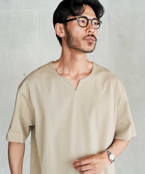 接触冷感 UVカット 吸汗速乾 プレーティング キーネック 半袖Tシャツ