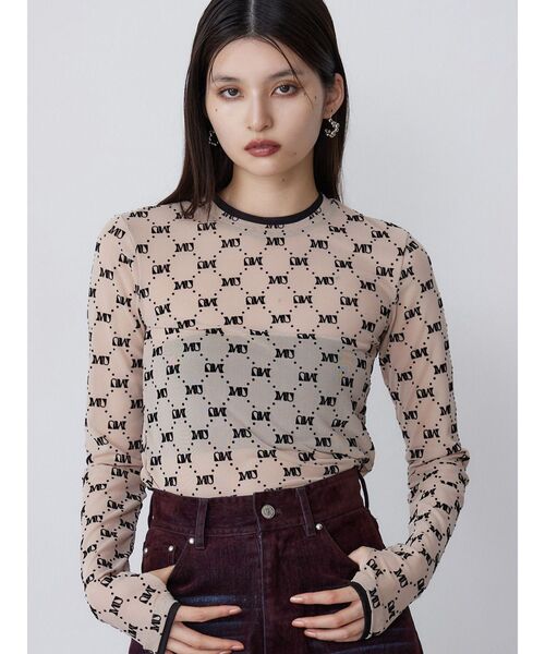 MURUA（ムルーア）の「フロッキーモノグラムシアートップス（Tシャツ/カットソー・レディース・ブラック/ブラウン/ベージュ・FREE）」の3枚目の写真