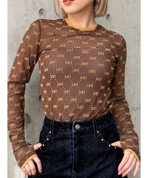 tシャツ フロッキーモノグラムシアートップス レディース セール】【Chico】モノグラムフロッキーハイネックシアーT
