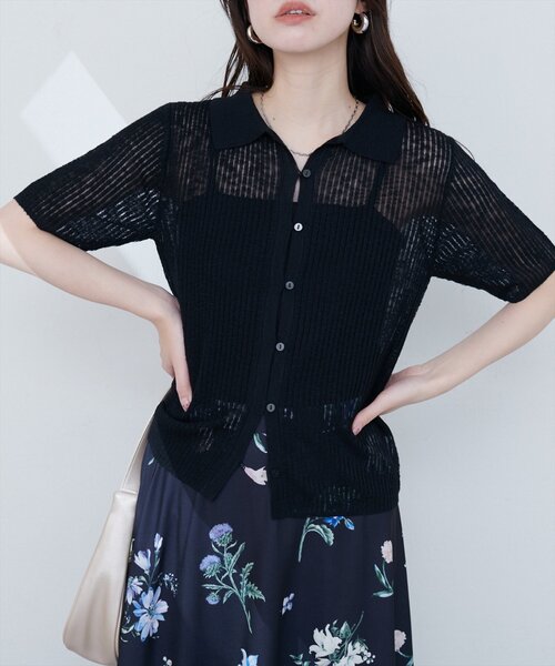 natural couture(ナチュラルクチュール)の「【WEB限定】針抜きリブ衿付きカーディガン(カーディガン/ボレロ・レディース・ブラック/オフホワイト/イエロー/ブルー/ピンク系その他・FREE)」の1枚目の写真