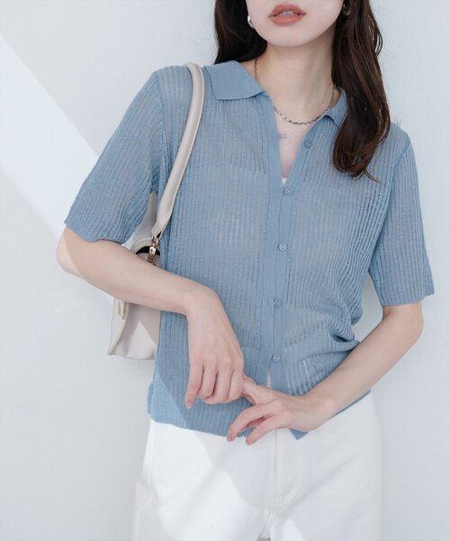 natural couture(ナチュラルクチュール)の「【WEB限定】針抜きリブ衿付きカーディガン(カーディガン/ボレロ・レディース・ブラック/オフホワイト/イエロー/ブルー/ピンク系その他・FREE)」の3枚目の写真