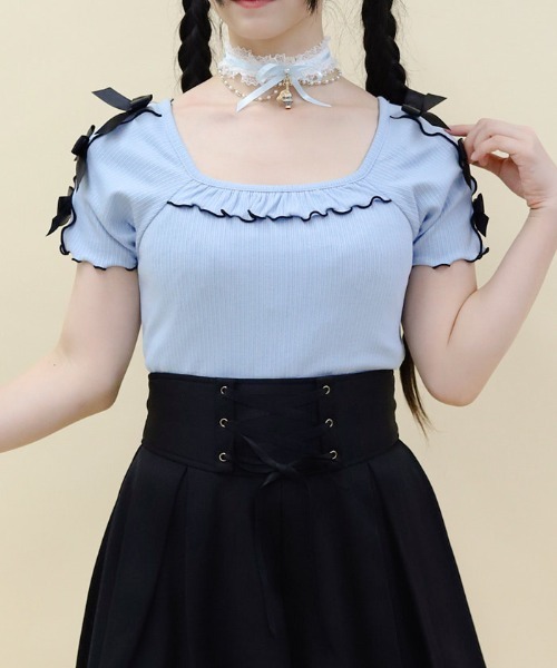 axes femme POETIQUE（アクシーズファムポエティック）の「メローリボンカットプルオーバー（Tシャツ/カットソー・レディース・キナリ/サックスブルー/ブラック・MEDIUM）」の3枚目の写真