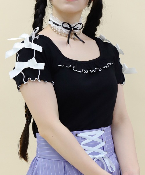 axes femme POETIQUE（アクシーズファムポエティック）の「メローリボンカットプルオーバー（Tシャツ/カットソー・レディース・キナリ/サックスブルー/ブラック・MEDIUM）」の2枚目の写真