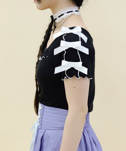 axes femme POETIQUE（アクシーズファムポエティック）の「メローリボンカットプルオーバー（Tシャツ/カットソー・レディース・キナリ/サックスブルー/ブラック・MEDIUM）」の16枚目の写真