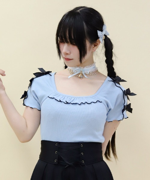 axes femme POETIQUE（アクシーズファムポエティック）の「メローリボンカットプルオーバー（Tシャツ/カットソー・レディース・キナリ/サックスブルー/ブラック・MEDIUM）」の18枚目の写真