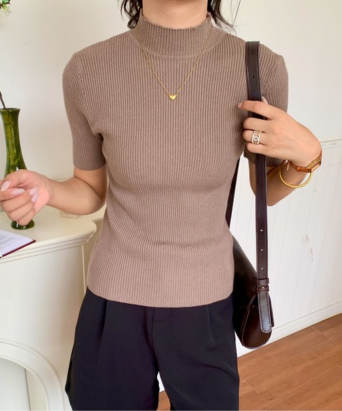 セール】ハイネック半袖リブニットトップス（ニット/セーター