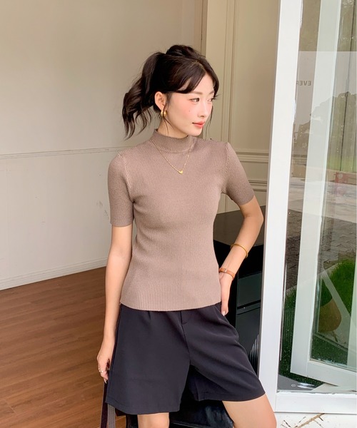 セール】ハイネック半袖リブニットトップス（ニット/セーター