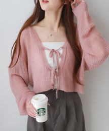 【新品】定価24,200円　リボン付きボーダーカーディガン　ピンク　11号 nelliy. カーディガン ケーブル編み刺繍ボーダーカーディガン