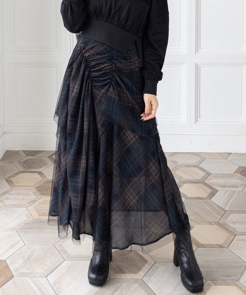 CLEAR BASIC（クリアベーシック）の「【低身長用サイズ有】シャーリング切替アシンメトリーチュールスカート［大人 カジュアル 着回し力抜群］≪AW新作≫（スカート・レディース・ネイビー/ブラウン・F/PF）」の2枚目の写真