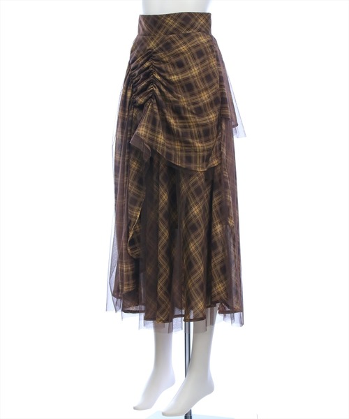 CLEAR BASIC（クリアベーシック）の「【低身長用サイズ有】シャーリング切替アシンメトリーチュールスカート［大人 カジュアル 着回し力抜群］≪AW新作≫（スカート・レディース・ネイビー/ブラウン・F/PF）」の5枚目の写真