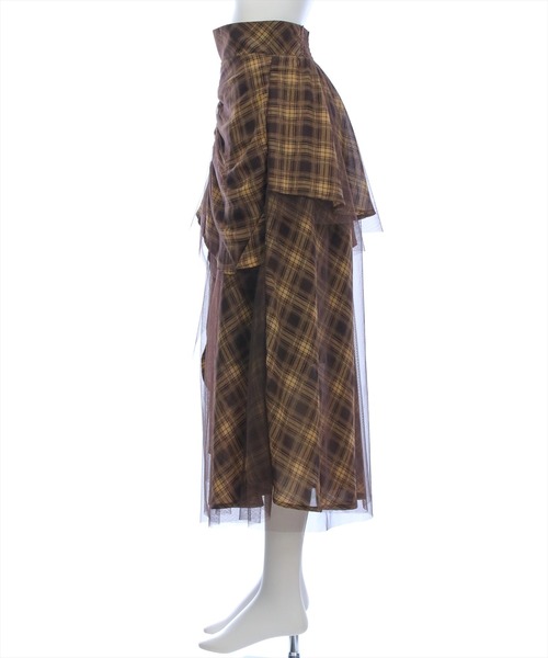 CLEAR BASIC（クリアベーシック）の「【低身長用サイズ有】シャーリング切替アシンメトリーチュールスカート［大人 カジュアル 着回し力抜群］≪AW新作≫（スカート・レディース・ネイビー/ブラウン・F/PF）」の6枚目の写真