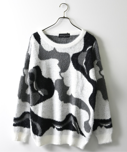 セール】【neos】オーバーサイズ 総柄 カモフラージュ シャギー ニット