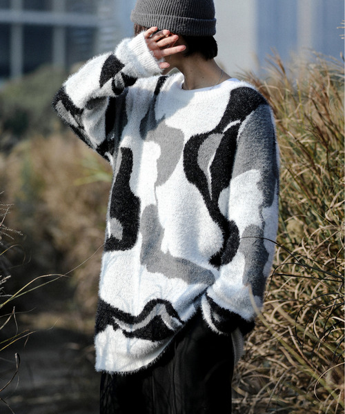 セール】【neos】オーバーサイズ 総柄 カモフラージュ シャギー ニット