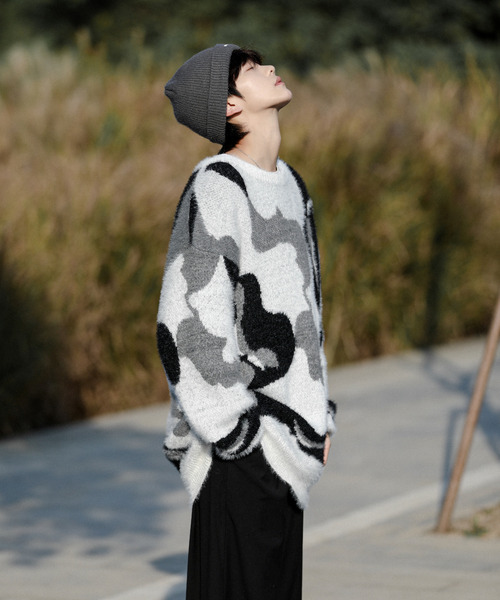 セール】【neos】オーバーサイズ 総柄 カモフラージュ シャギー ニット