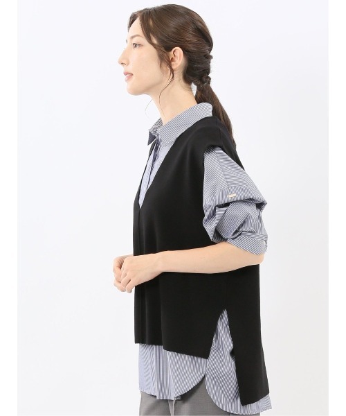 m.f.editorial(エムエフエディトリアル)の「【ハンドウォッシャブル】タカキュー レディース ミラノ Vネック ニットベスト(ベスト・レディース・ネイビー系/ブラック・LARGE/MEDIUM)」の2枚目の写真