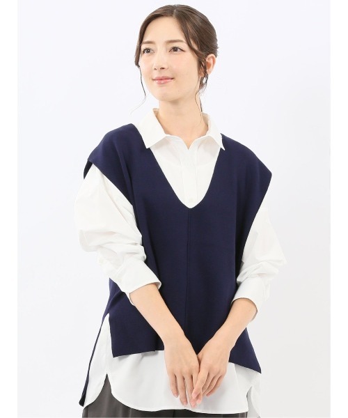 m.f.editorial(エムエフエディトリアル)の「【ハンドウォッシャブル】タカキュー レディース ミラノ Vネック ニットベスト(ベスト・レディース・ネイビー系/ブラック・LARGE/MEDIUM)」の5枚目の写真