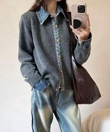 【Eclat one】デニム ニット ドッキング デザイン シャツ カーディガン