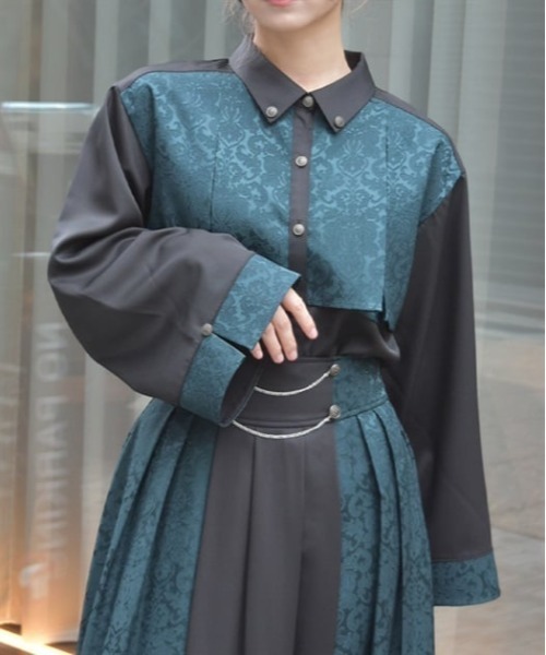 axes femme（アクシーズファム）の「ジャカード切替フレア袖ブラウス（シャツ/ブラウス・レディース・ダークグリーン/パープル/ワイン・FREE）」の2枚目の写真