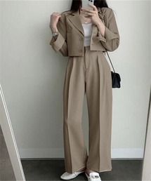 レディース ショート丈ジャケット+タックパンツ 上下セットアップ