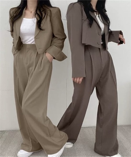 セール】レディース ショート丈ジャケット+タックパンツ 上下
