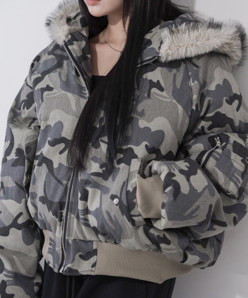 カモフラフェイクファーフーディ中綿ジャケット ／ camouflage fake