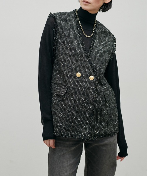 セール】【LARUTA】セレモニー対応可／ラメ糸フリンジツイードベスト