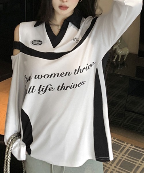 Riff(リフ)の「肩見せ配色ロゴトップス(Tシャツ/カットソー・レディース・グレー/ブラック/ホワイト・FREE)」の2枚目の写真