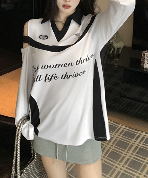 Riff(リフ)の「肩見せ配色ロゴトップス(Tシャツ/カットソー・レディース・グレー/ブラック/ホワイト・FREE)」の4枚目の写真