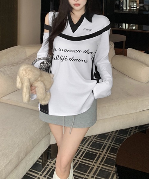Riff(リフ)の「肩見せ配色ロゴトップス(Tシャツ/カットソー・レディース・グレー/ブラック/ホワイト・FREE)」の5枚目の写真