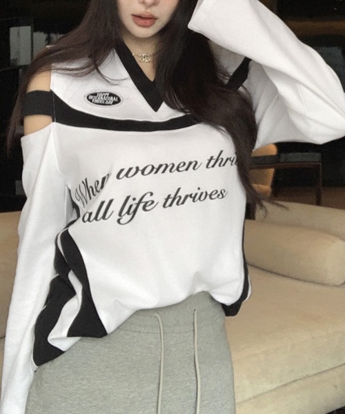 Riff(リフ)の「肩見せ配色ロゴトップス(Tシャツ/カットソー・レディース・グレー/ブラック/ホワイト・FREE)」の7枚目の写真