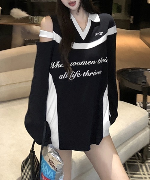 Riff(リフ)の「肩見せ配色ロゴトップス(Tシャツ/カットソー・レディース・グレー/ブラック/ホワイト・FREE)」の12枚目の写真