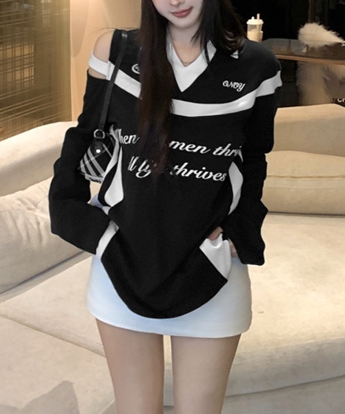 Riff(リフ)の「肩見せ配色ロゴトップス(Tシャツ/カットソー・レディース・グレー/ブラック/ホワイト・FREE)」の14枚目の写真