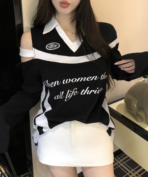 Riff(リフ)の「肩見せ配色ロゴトップス(Tシャツ/カットソー・レディース・グレー/ブラック/ホワイト・FREE)」の15枚目の写真